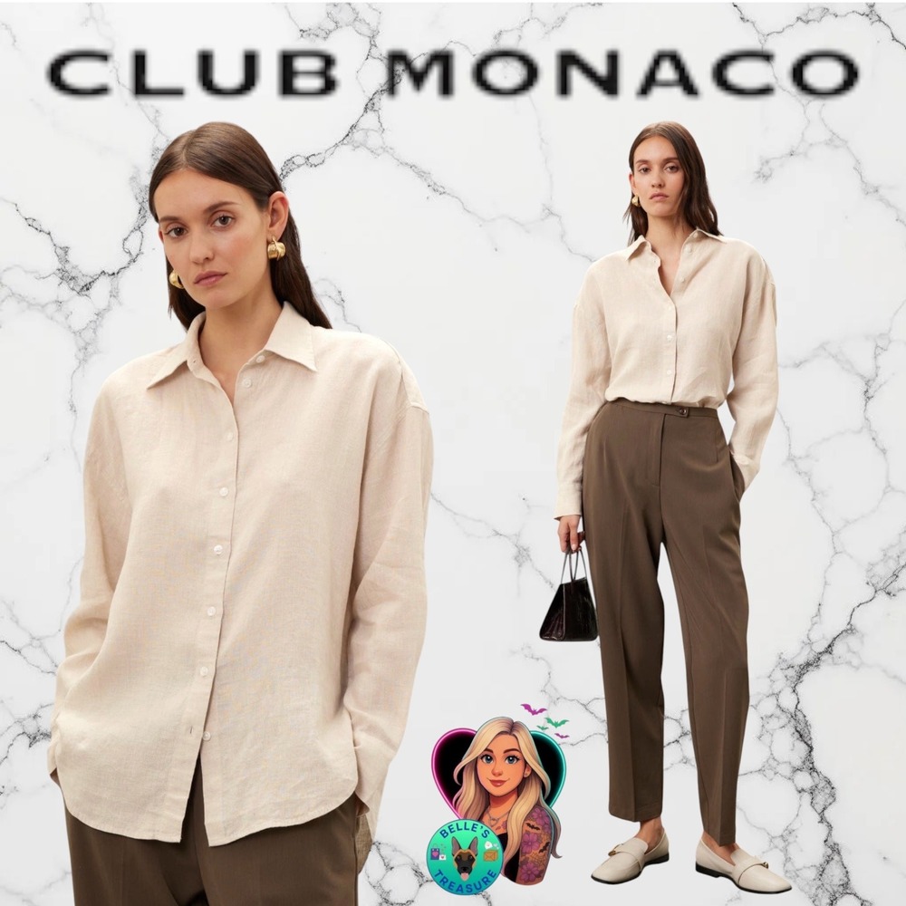Club Monaco Womens Medium Beige 100% Linen Button Down Long Sleeve Shirt Cody